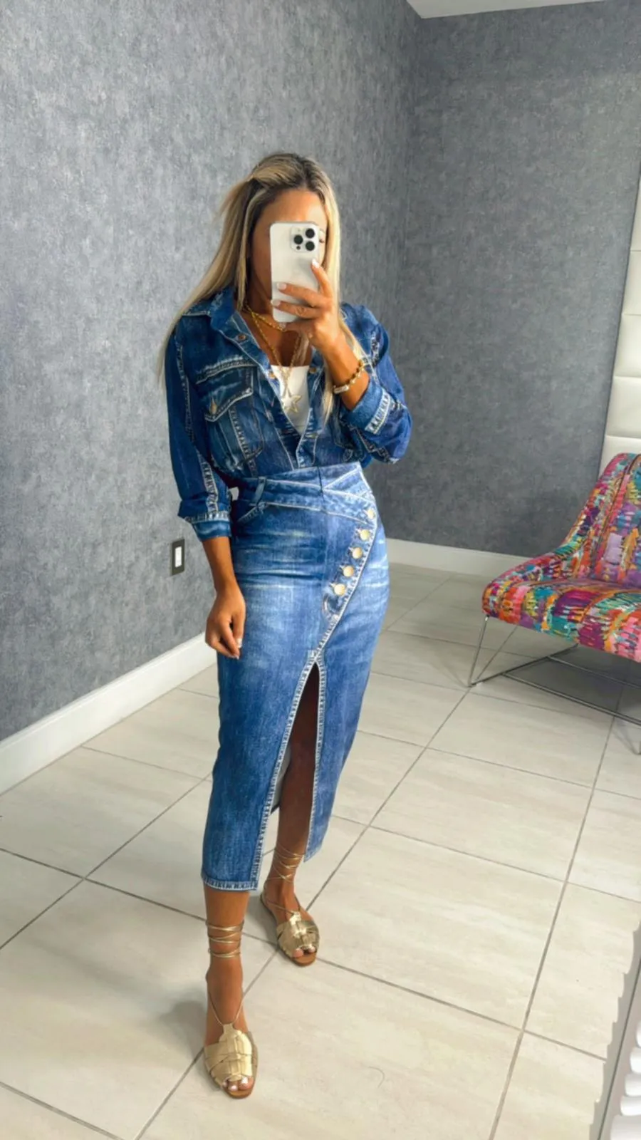 6027 Printed denim blouse and midi skirt set