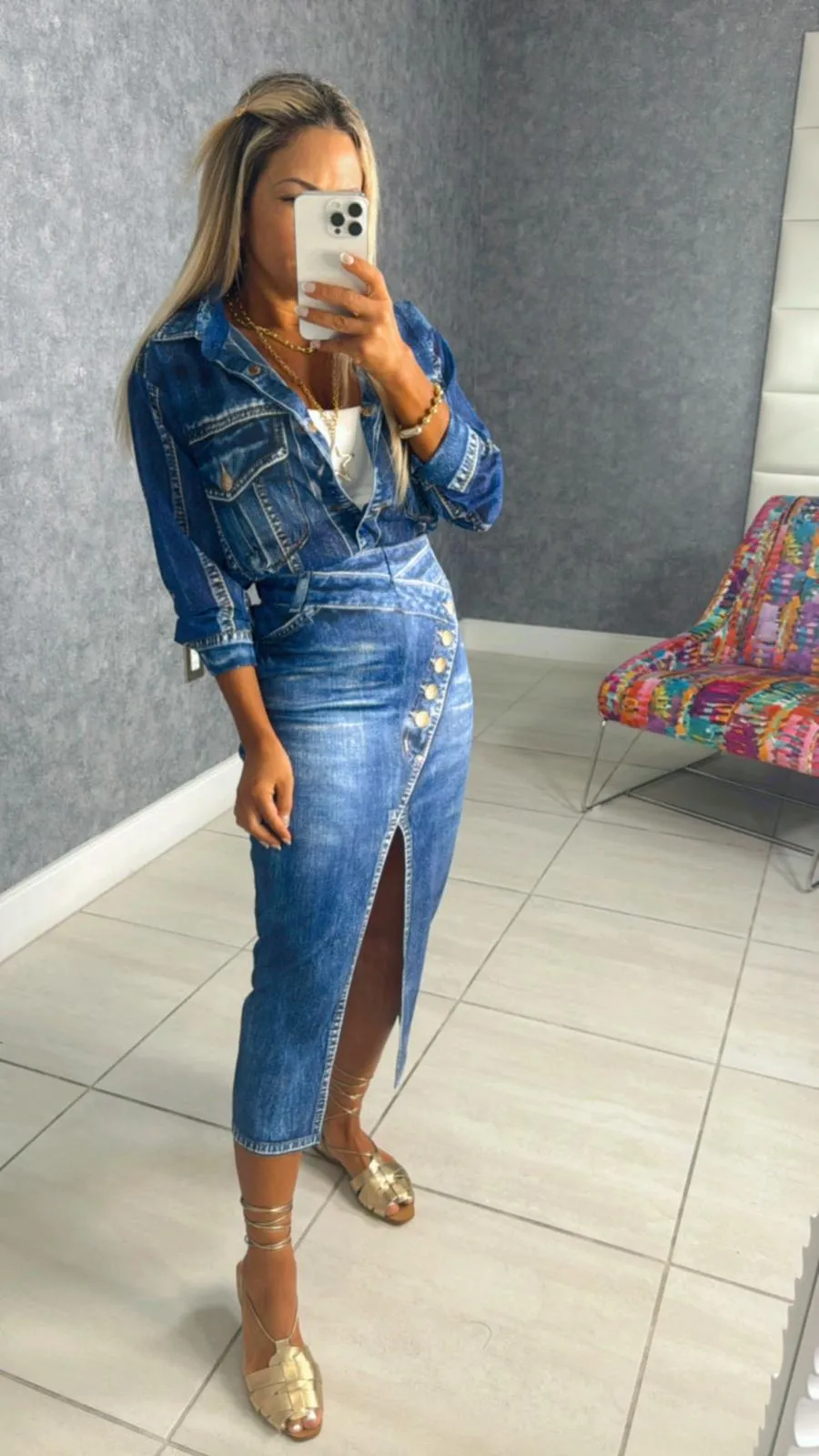6027 Printed denim blouse and midi skirt set