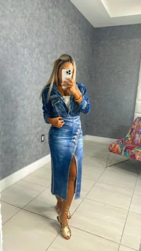 6027 Printed denim blouse and midi skirt set