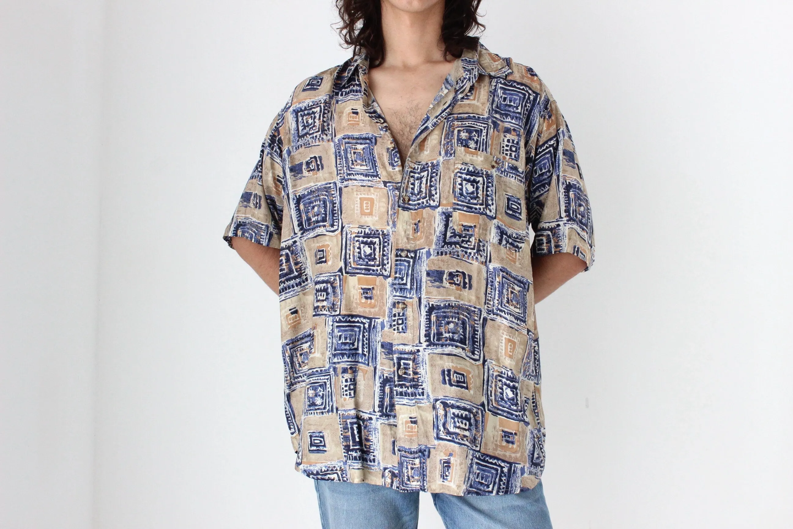 80s PURE SILK Neutral Abstract Print Boxy Shirt