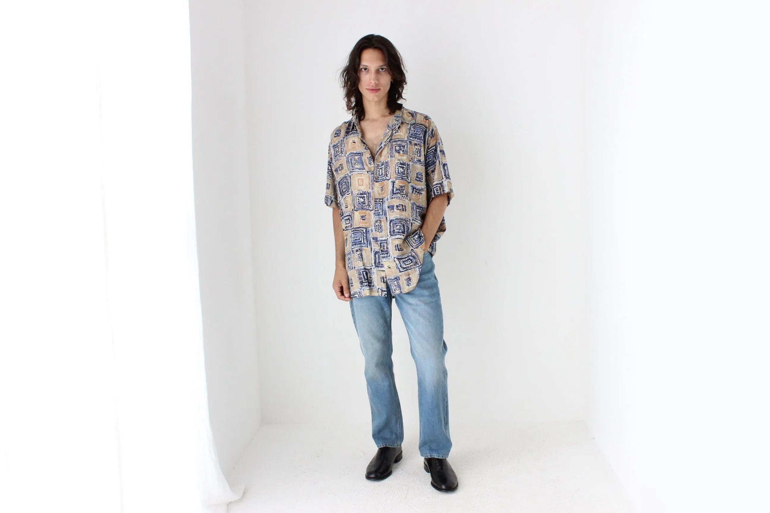 80s PURE SILK Neutral Abstract Print Boxy Shirt