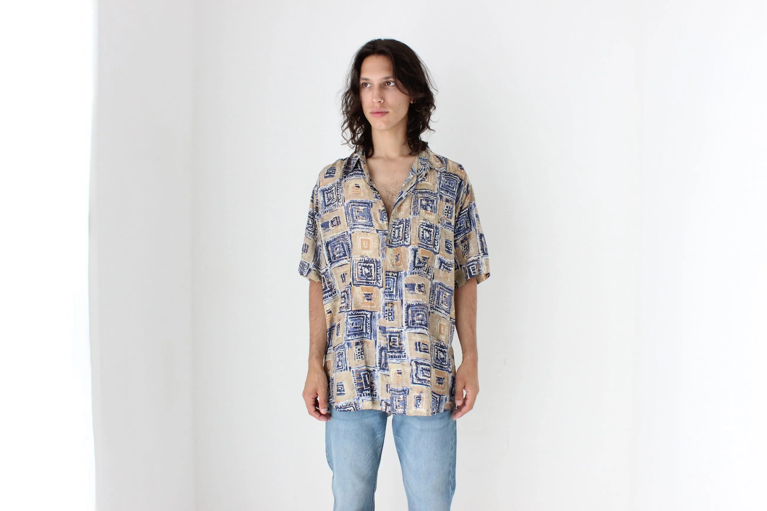 80s PURE SILK Neutral Abstract Print Boxy Shirt