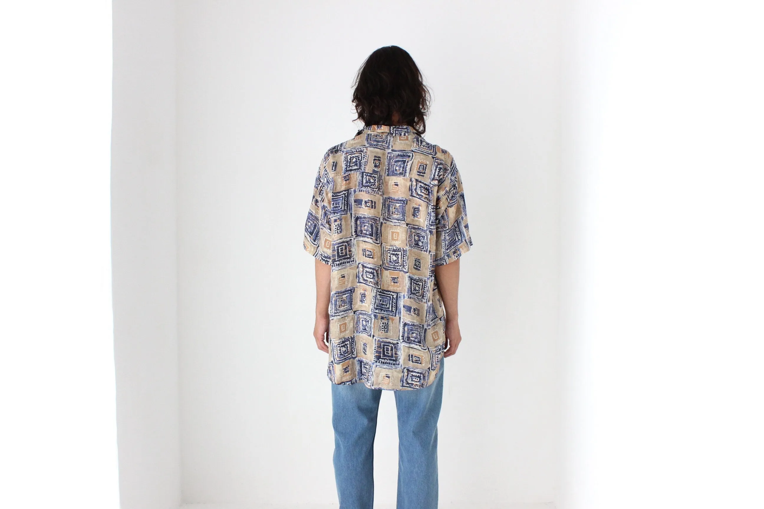 80s PURE SILK Neutral Abstract Print Boxy Shirt