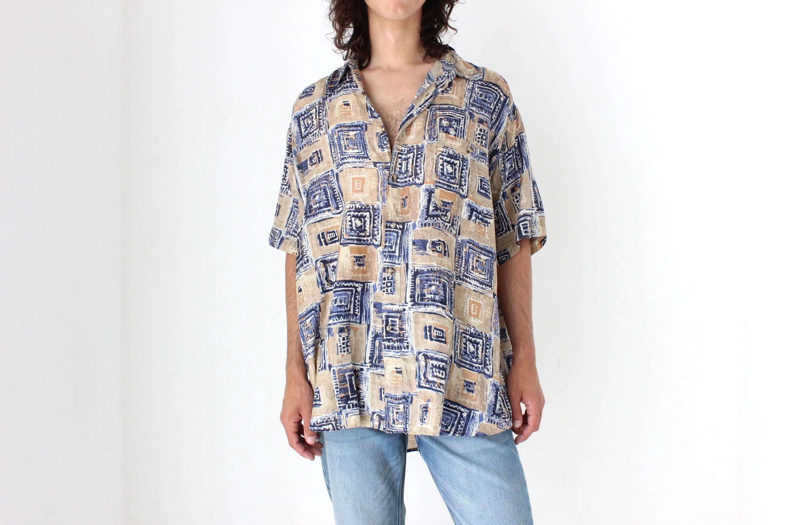 80s PURE SILK Neutral Abstract Print Boxy Shirt