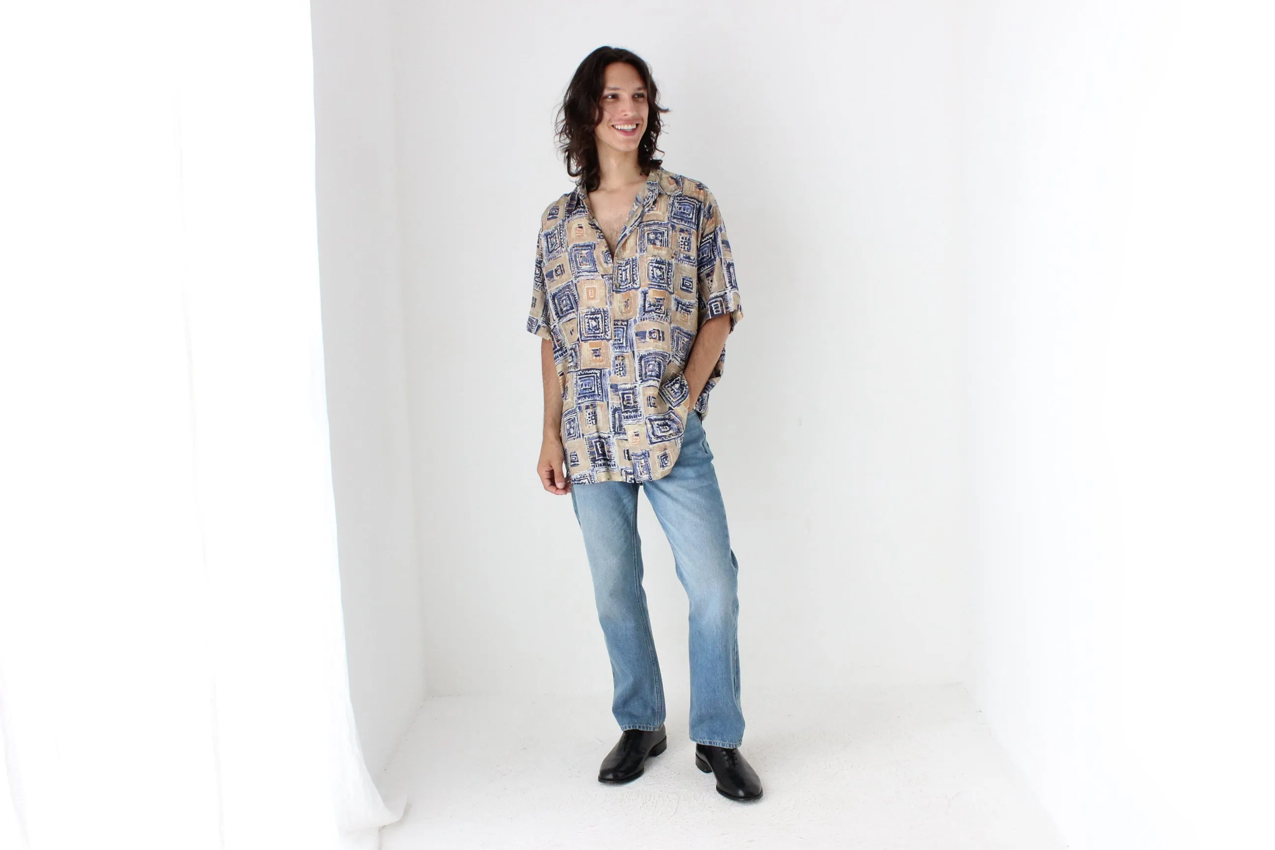 80s PURE SILK Neutral Abstract Print Boxy Shirt