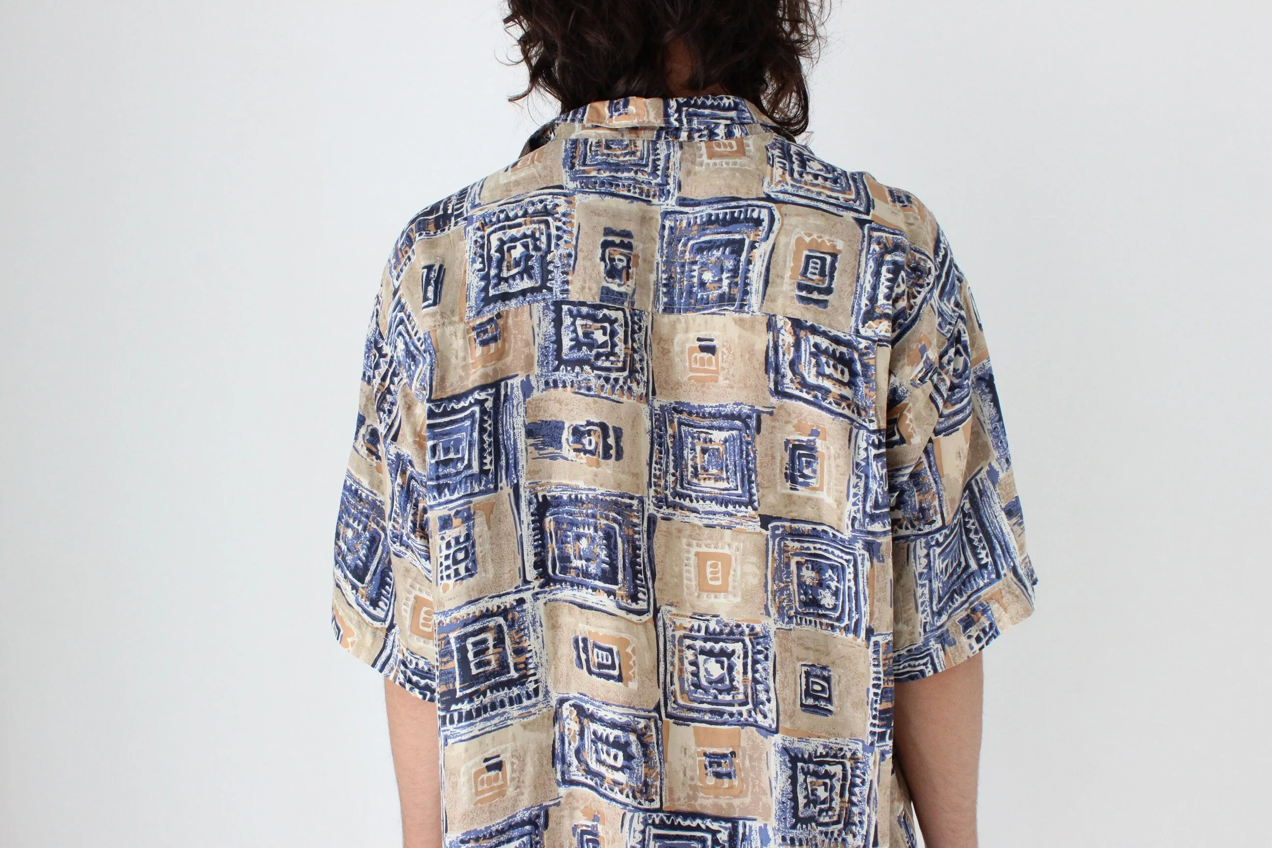 80s PURE SILK Neutral Abstract Print Boxy Shirt