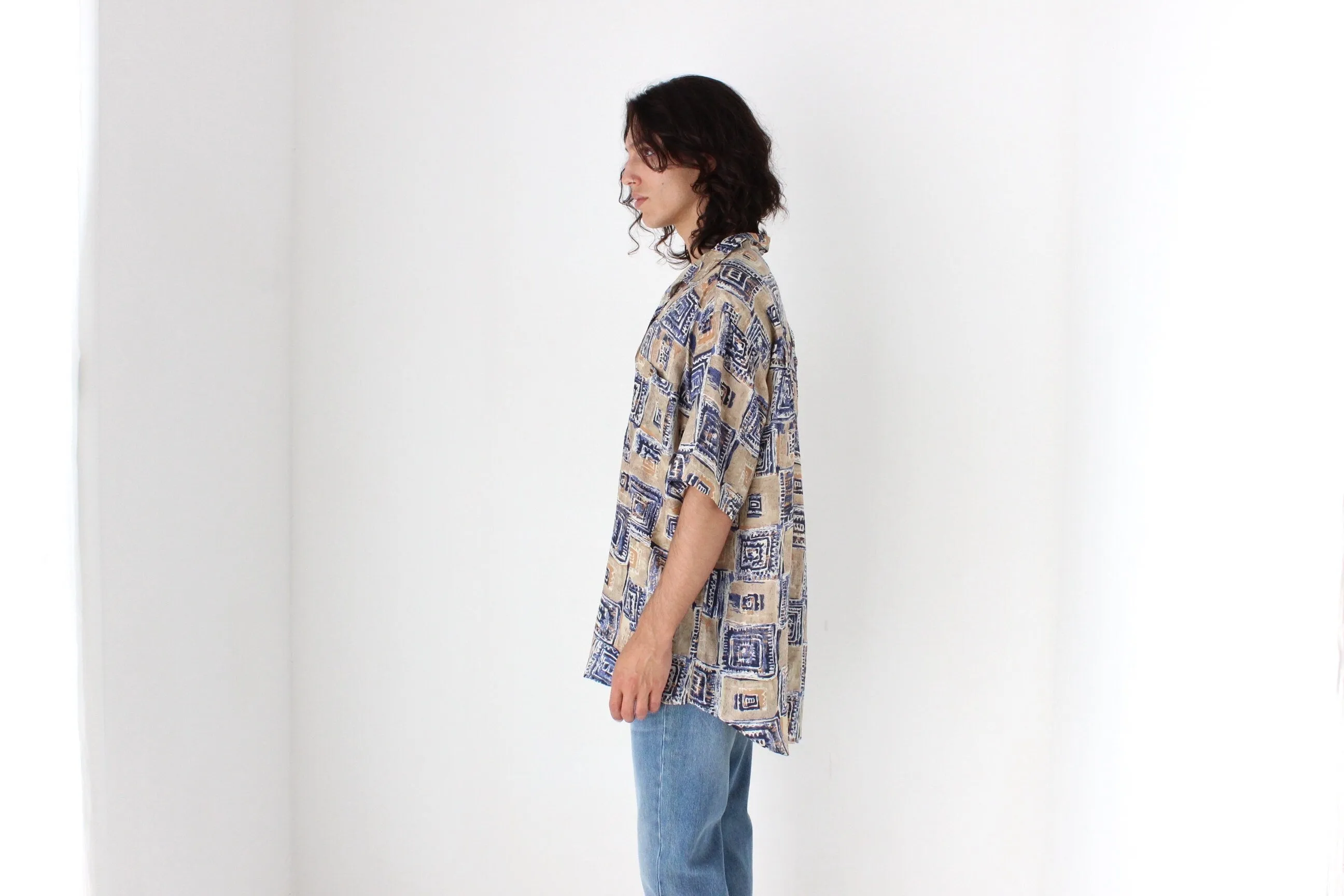 80s PURE SILK Neutral Abstract Print Boxy Shirt