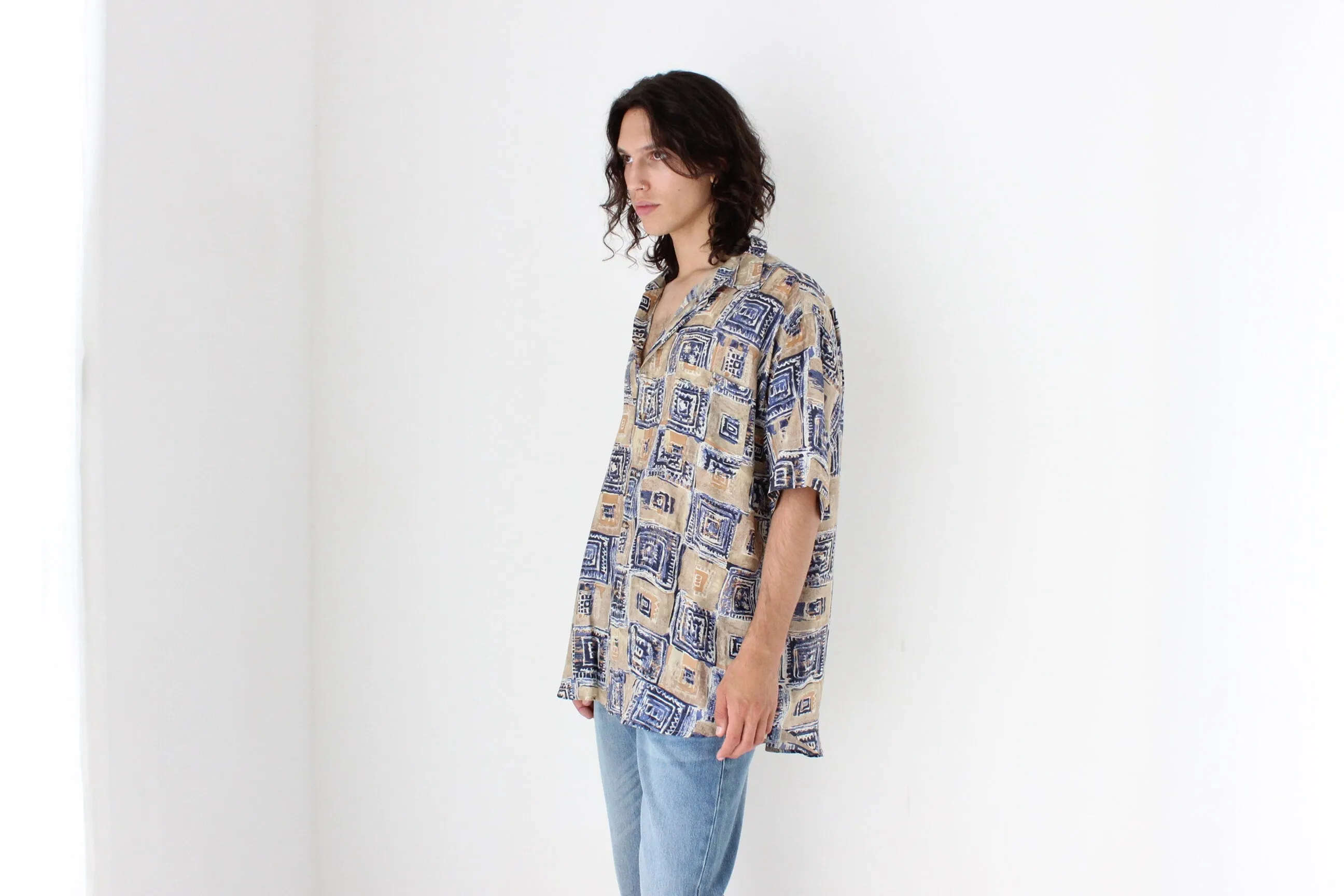 80s PURE SILK Neutral Abstract Print Boxy Shirt