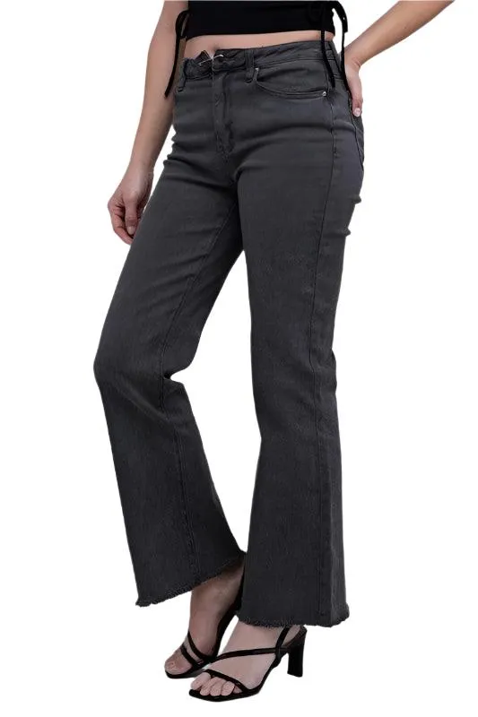 Acid Washed Frayed Cutoff Hem Straight Wide Pants