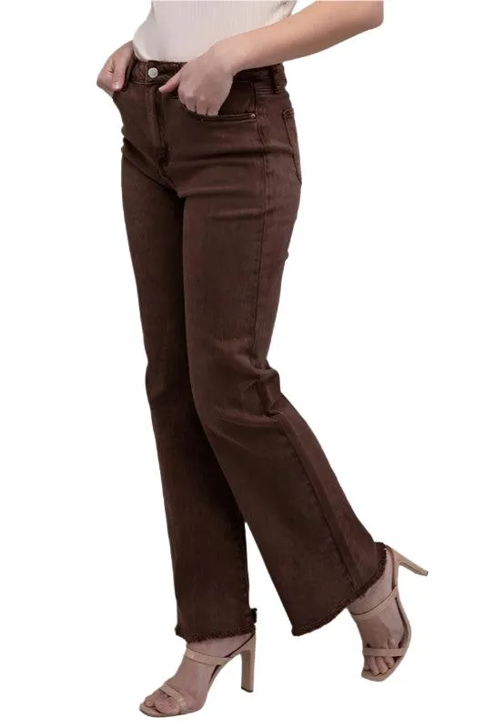 Acid Washed Frayed Cutoff Hem Straight Wide Pants
