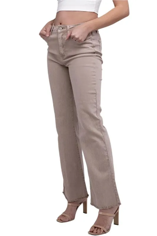 Acid Washed Frayed Cutoff Hem Straight Wide Pants