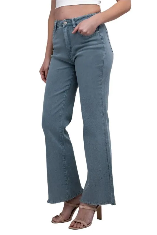 Acid Washed Frayed Cutoff Hem Straight Wide Pants