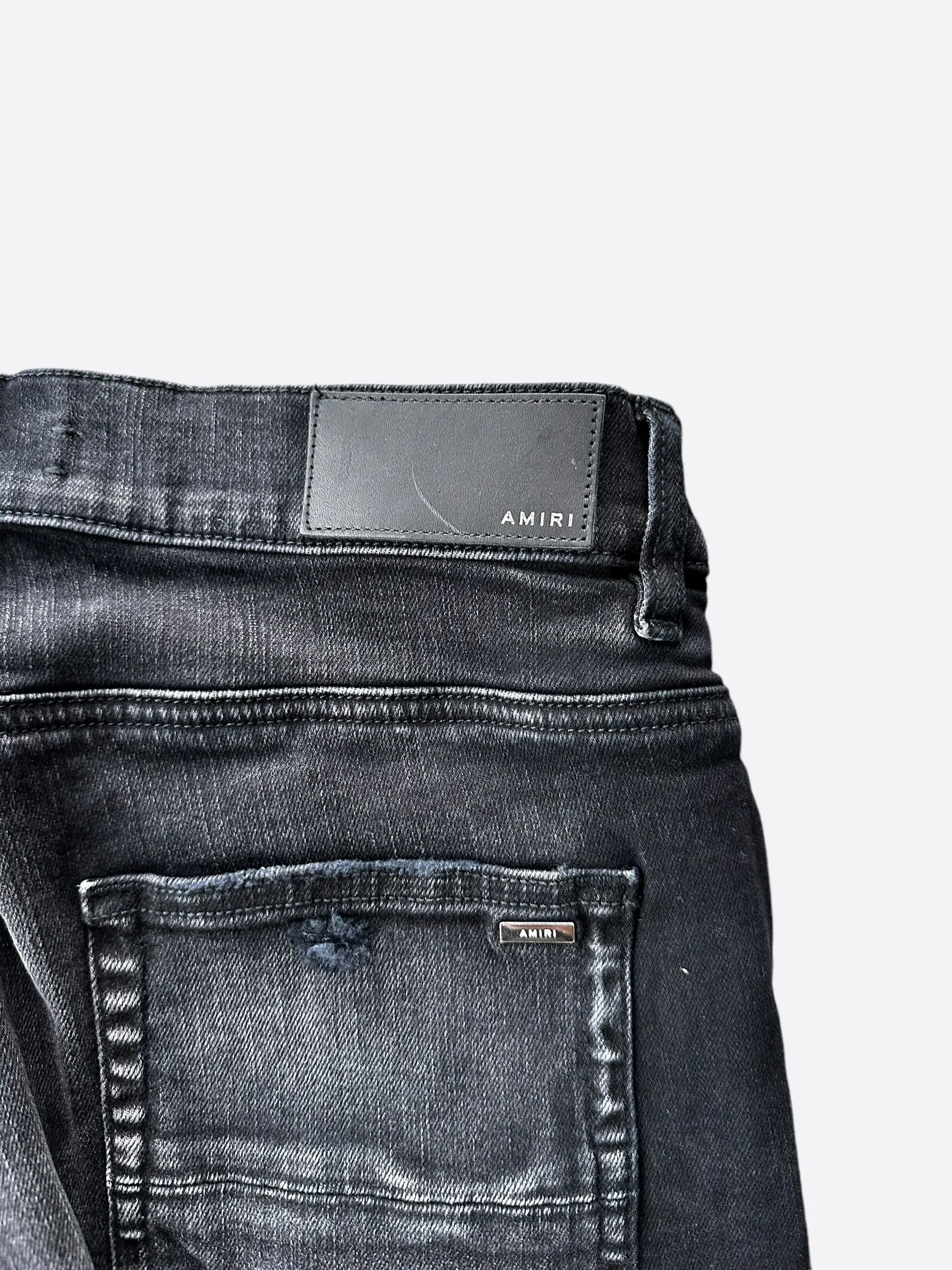 Amiri Aged Black Flannel Core Logo Distressed Jeans