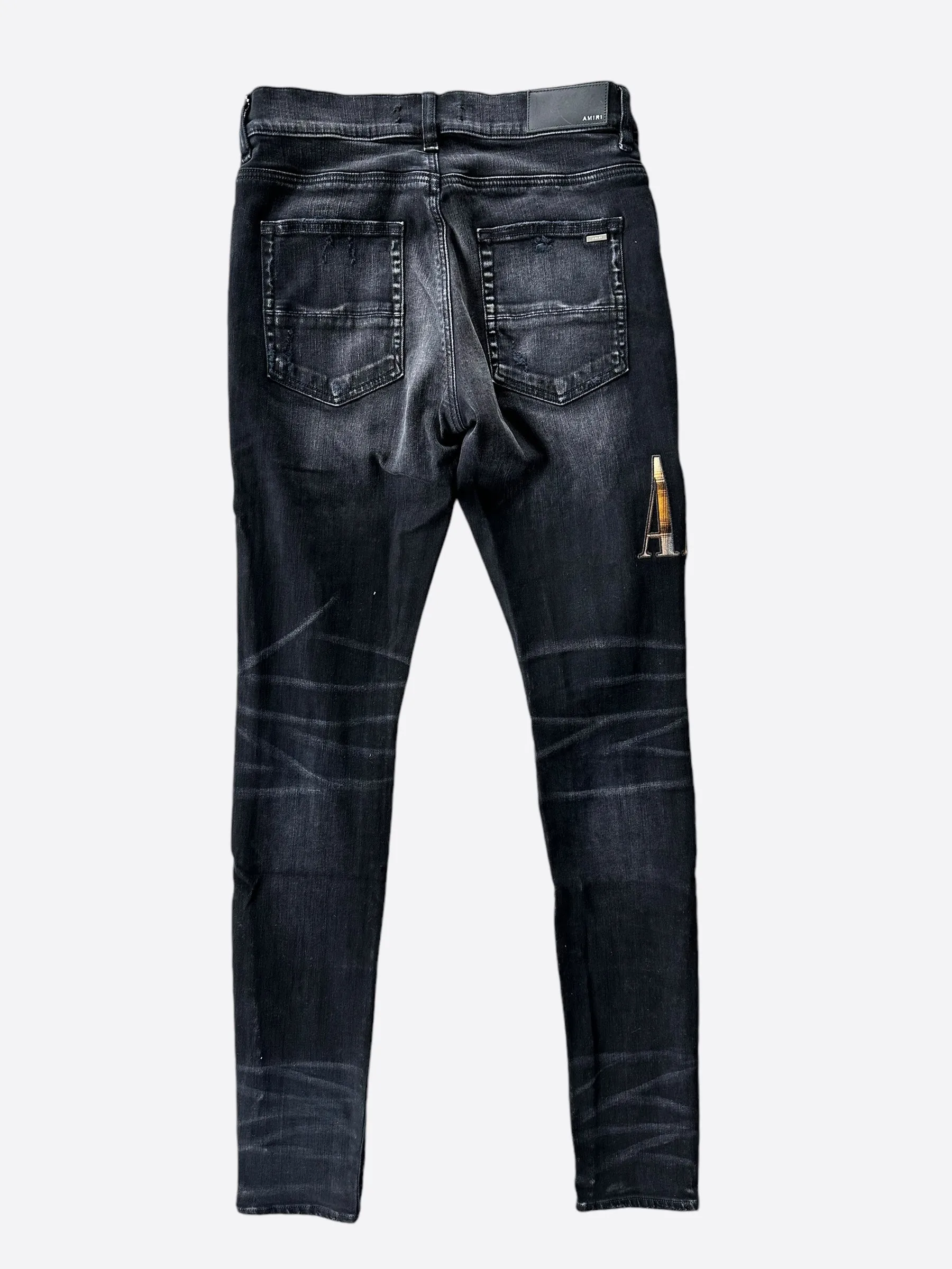 Amiri Aged Black Flannel Core Logo Distressed Jeans