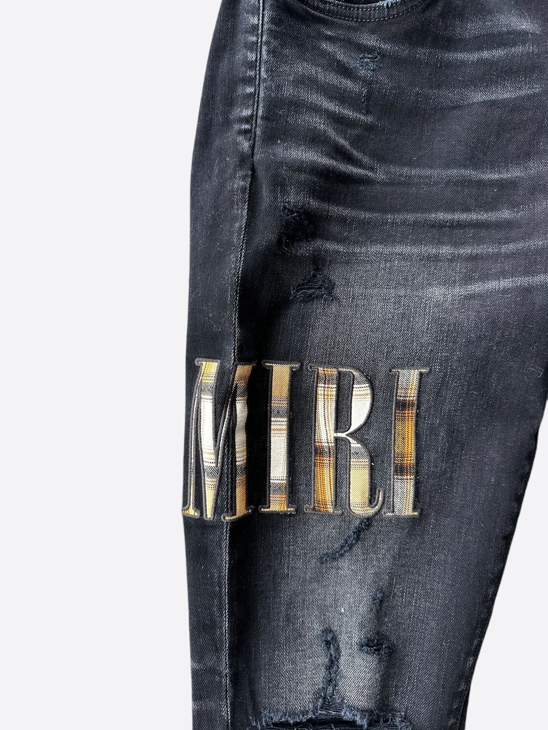 Amiri Aged Black Flannel Core Logo Distressed Jeans