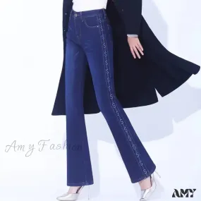 Amy Fashion - Winter Thicken Warm Stretch Woman Flare 2024 New High Waist Korean Fashion Pockets Solid Casual Slim Flared Denim Jean