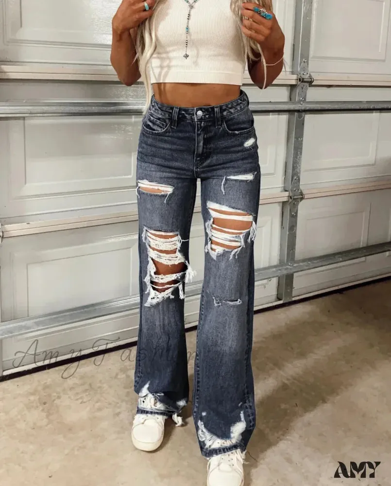 Amy Fashion - Women High Waist Loose Casual Ripped Hole Straight Pants 2024 Autumn New Drop Shipping Jean