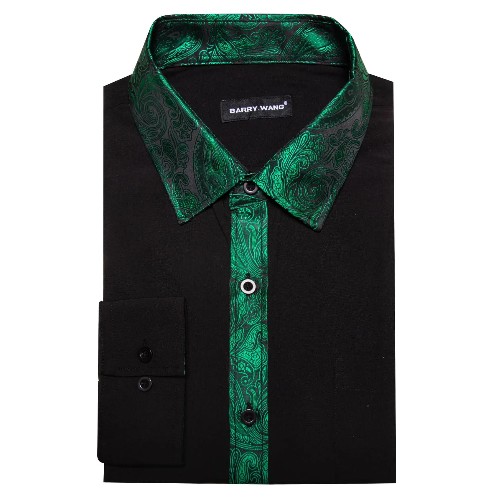 Barry Wang Black Shirt Green Paisley Cuffs Mens Silk Long Sleeve Shirt