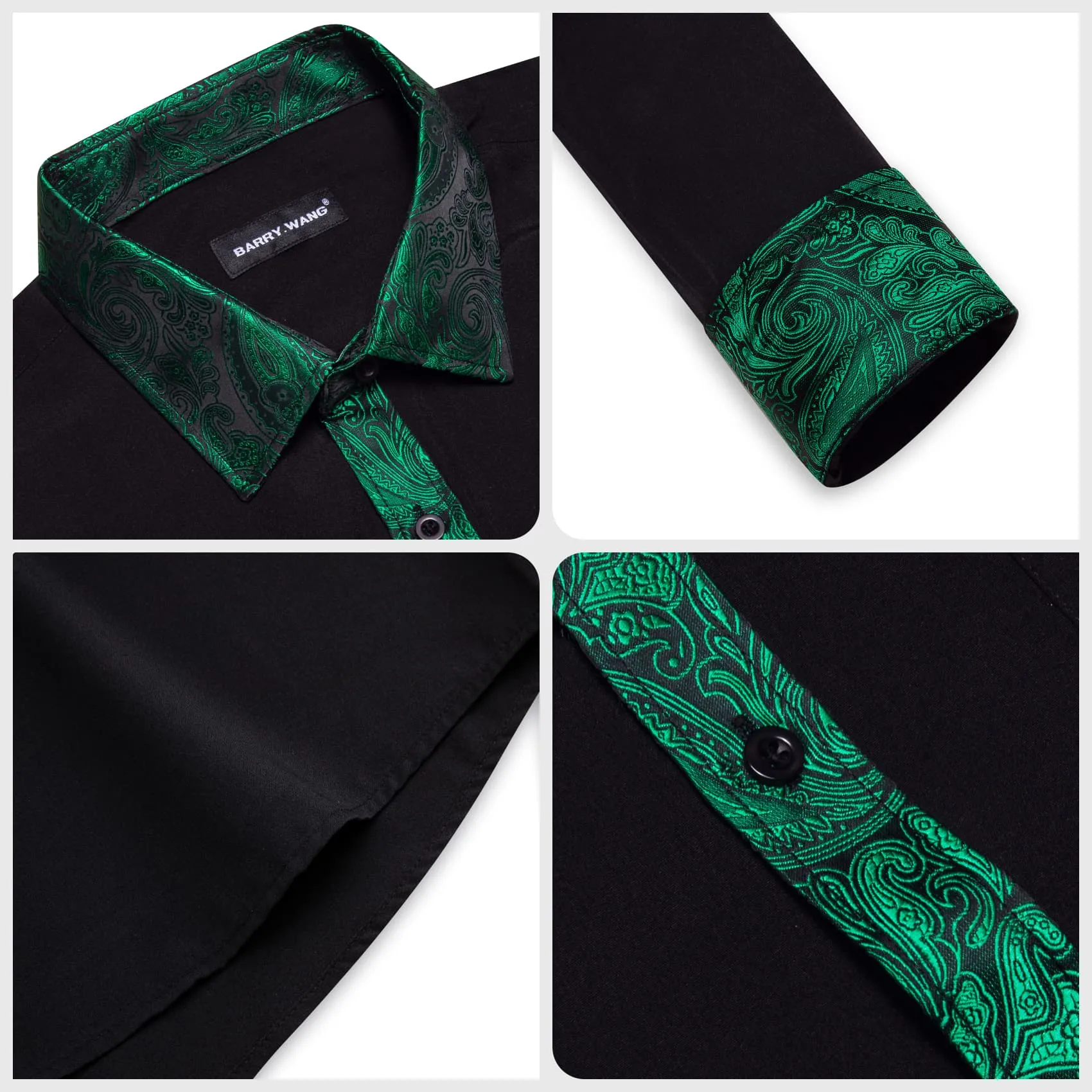 Barry Wang Black Shirt Green Paisley Cuffs Mens Silk Long Sleeve Shirt