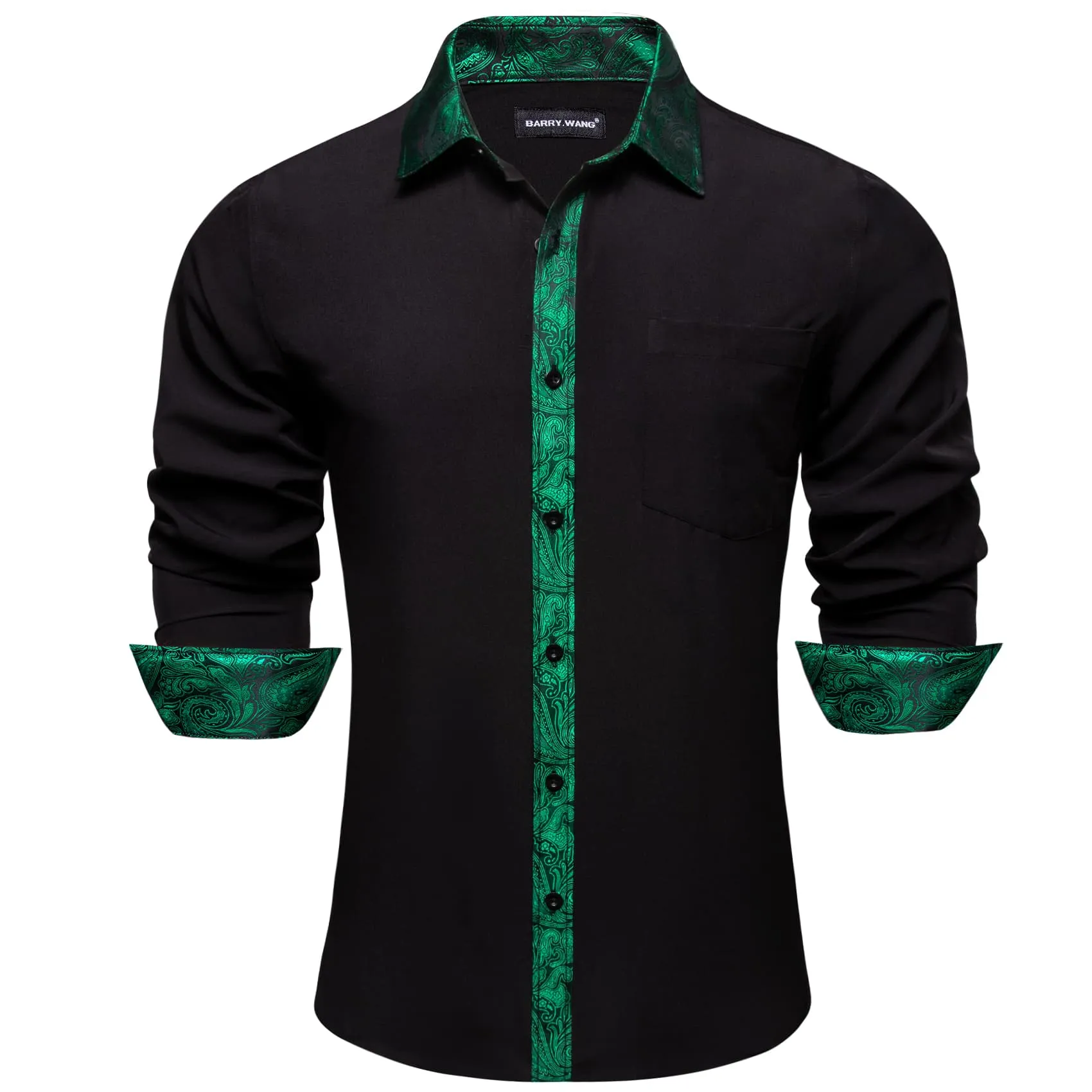 Barry Wang Black Shirt Green Paisley Cuffs Mens Silk Long Sleeve Shirt