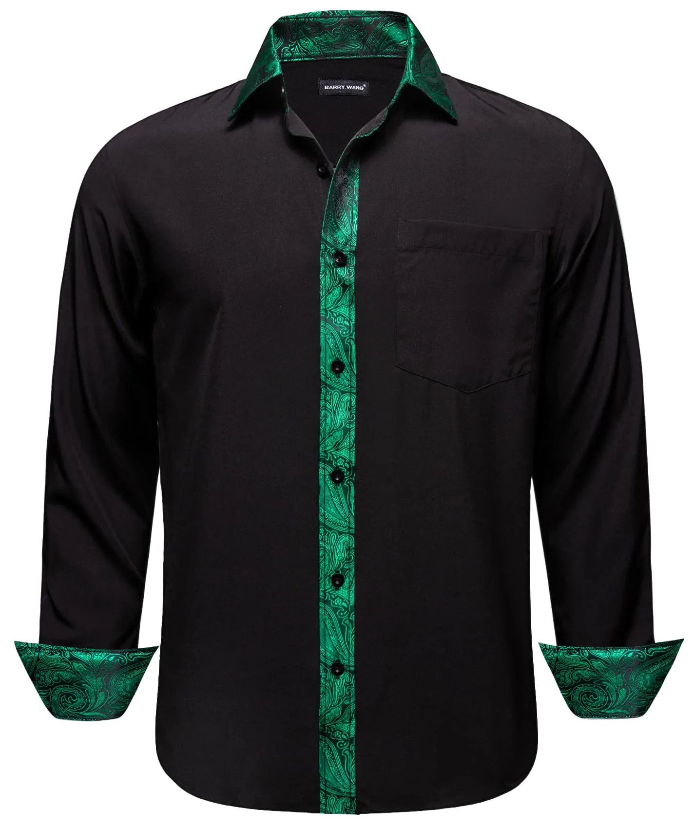 Barry Wang Black Shirt Green Paisley Cuffs Mens Silk Long Sleeve Shirt