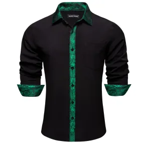 Barry Wang Black Shirt Green Paisley Cuffs Mens Silk Long Sleeve Shirt