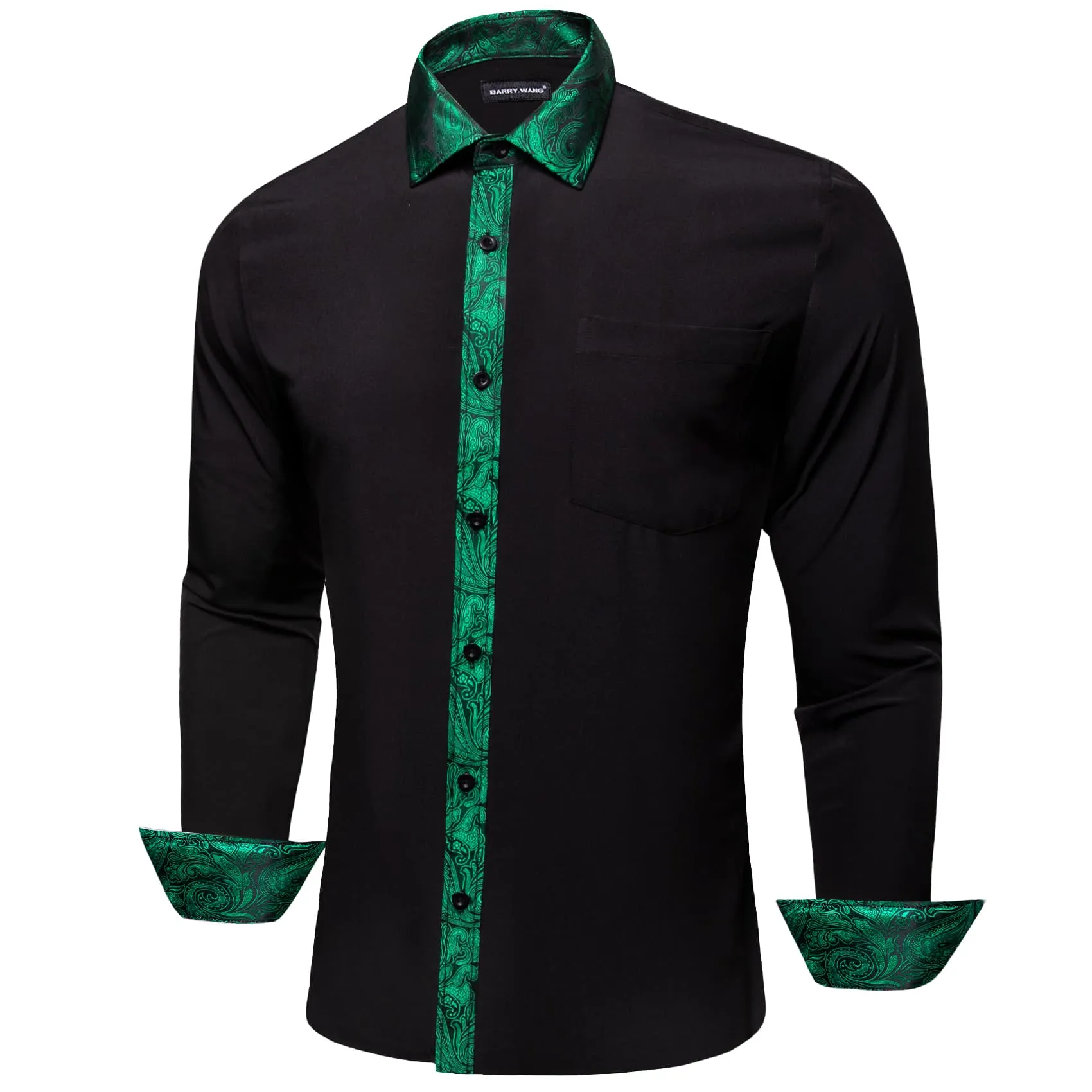 Barry Wang Black Shirt Green Paisley Cuffs Mens Silk Long Sleeve Shirt