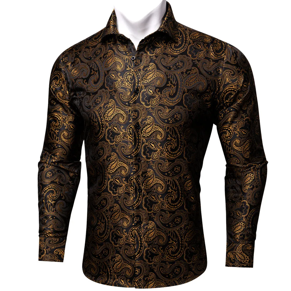 Barry Wang Long Sleeve Shirt Black Golden Paisley Silk Shirt