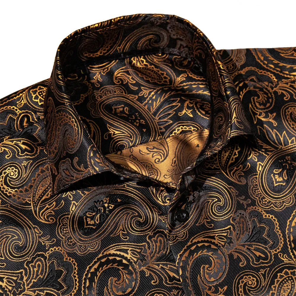 Barry Wang Long Sleeve Shirt Black Golden Paisley Silk Shirt