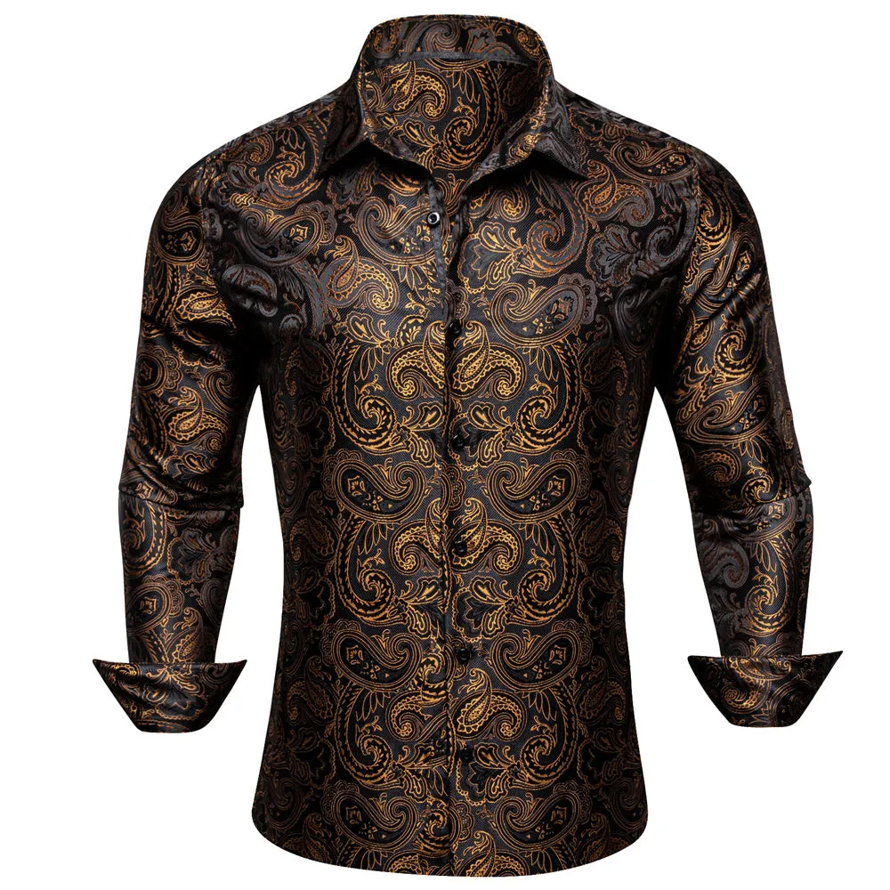 Barry Wang Long Sleeve Shirt Black Golden Paisley Silk Shirt