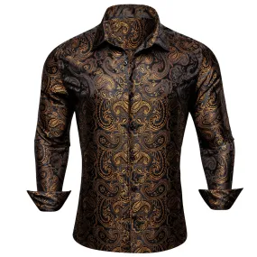 Barry Wang Long Sleeve Shirt Black Golden Paisley Silk Shirt