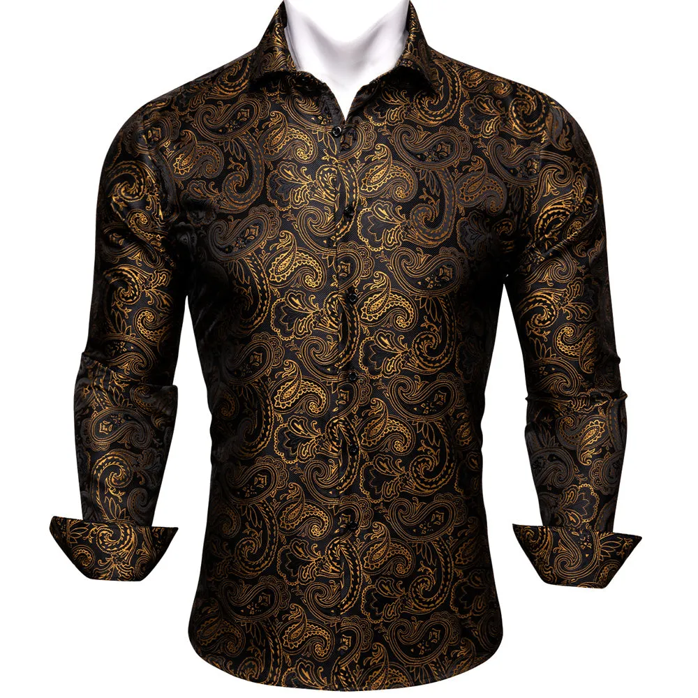 Barry Wang Long Sleeve Shirt Black Golden Paisley Silk Shirt