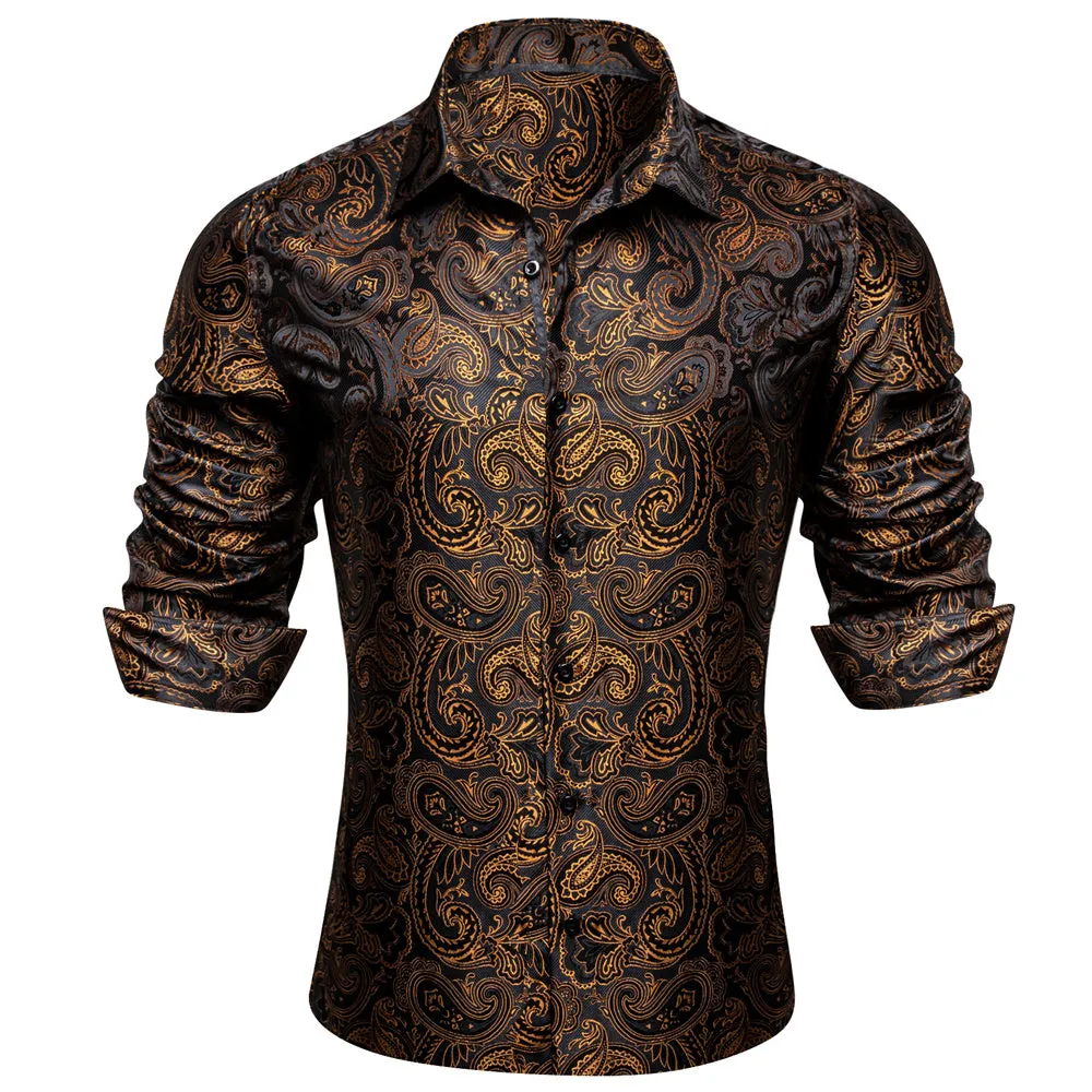 Barry Wang Long Sleeve Shirt Black Golden Paisley Silk Shirt