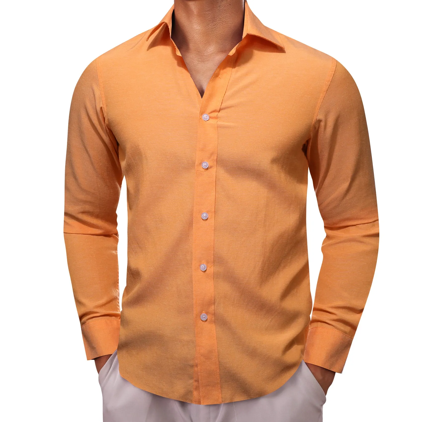 Barry Wang Orange Shirt Light Orange Button Up Solid Shirts Men's Top