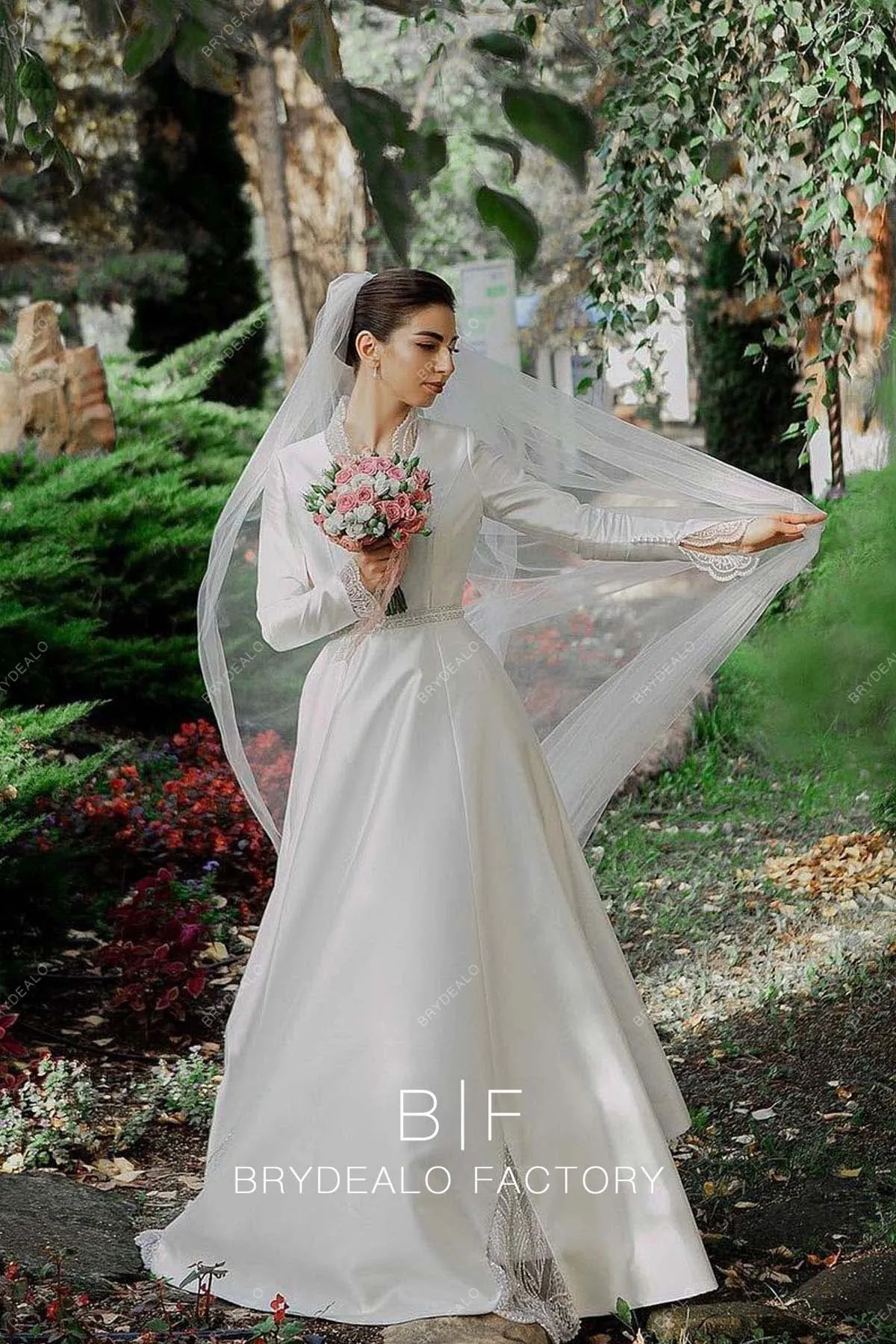 Beaded High Neck Vintage Satin Long Sleeves Modest Wedding Dress