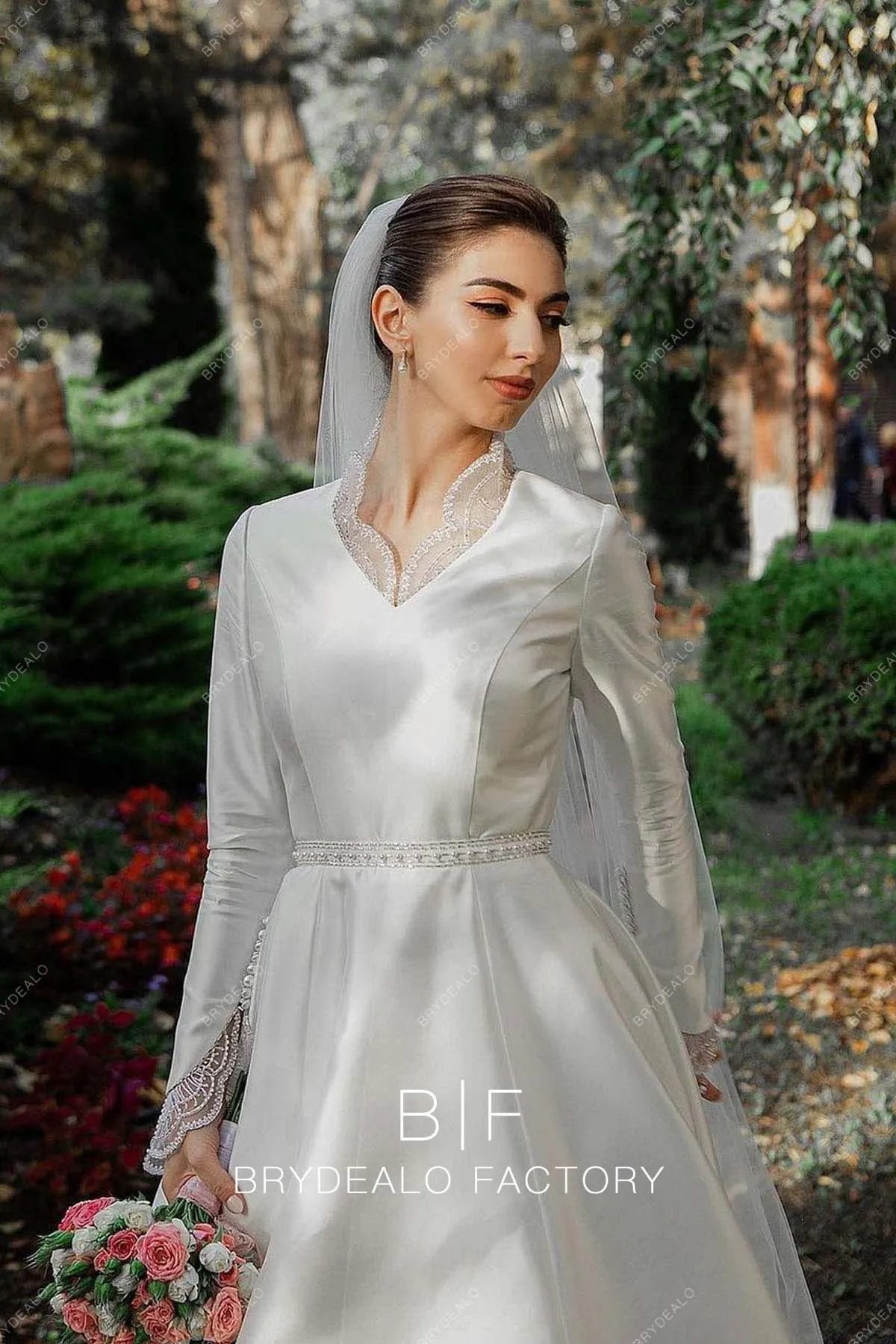 Beaded High Neck Vintage Satin Long Sleeves Modest Wedding Dress