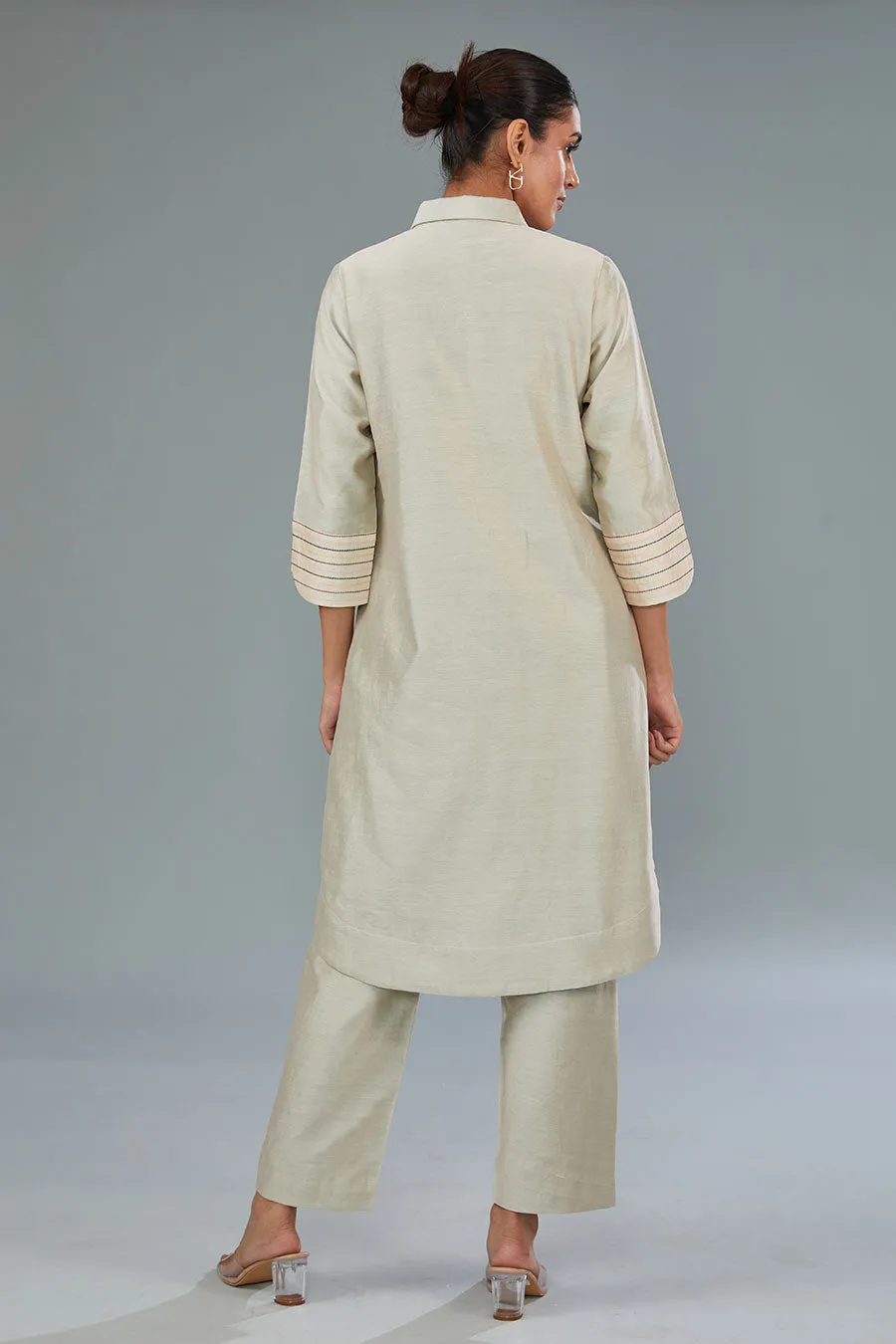 Beige Embroidered High-Low Tunic & Pant Set