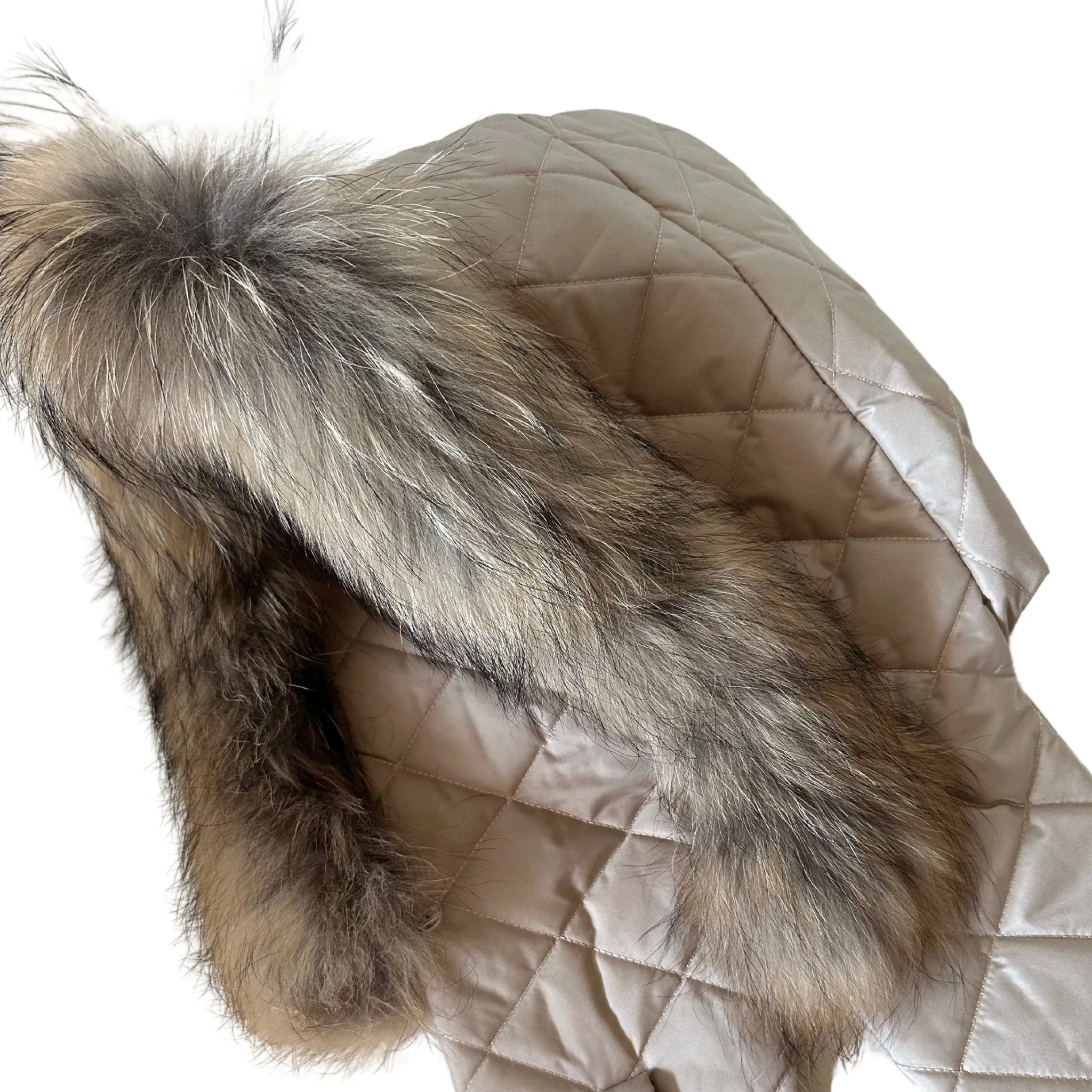 Beige Hood Scarf Puffer Warm Quilted Downy Waterproof Padded Insulated Headdress With Natural Fur TrimBeige