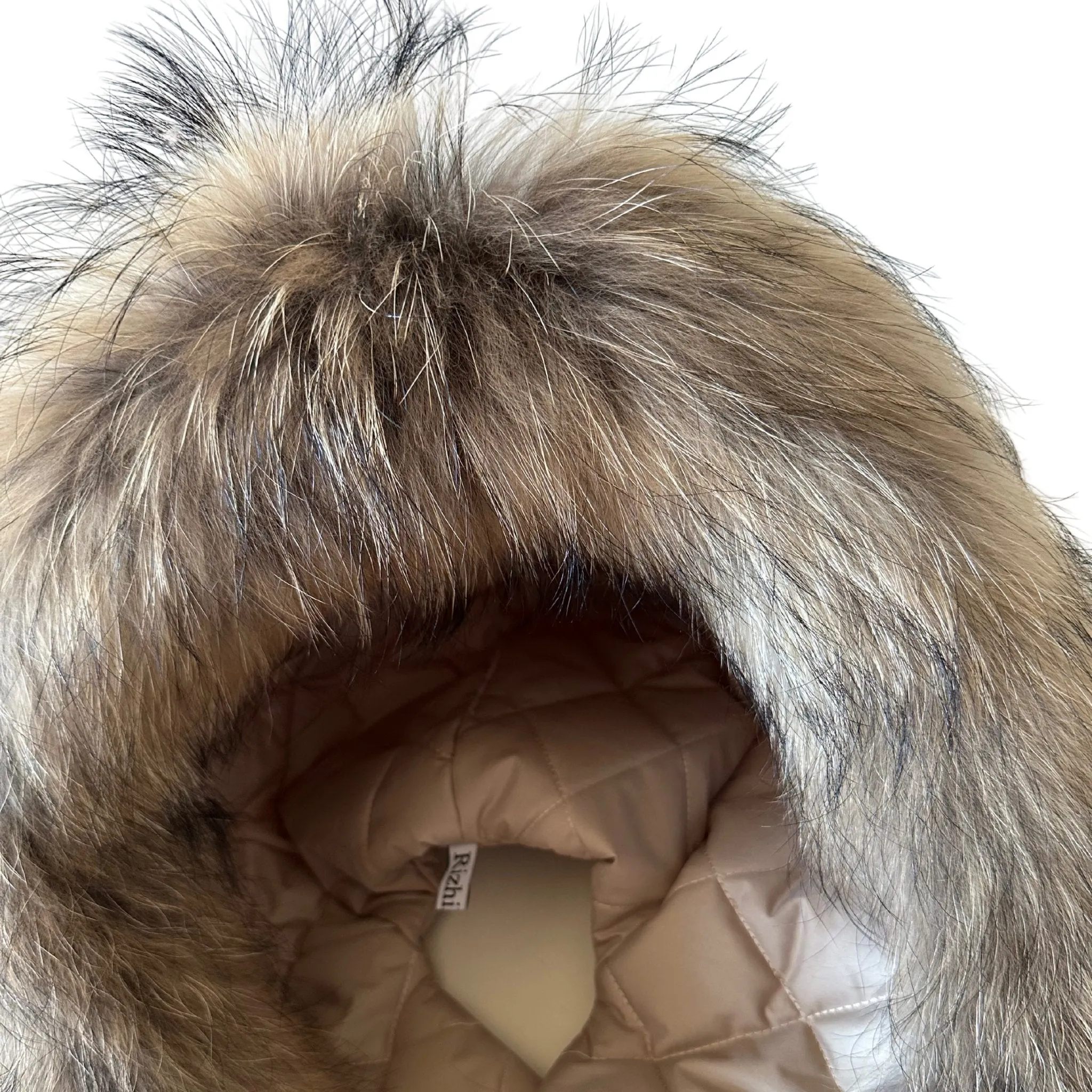 Beige Hood Scarf Puffer Warm Quilted Downy Waterproof Padded Insulated Headdress With Natural Fur TrimBeige