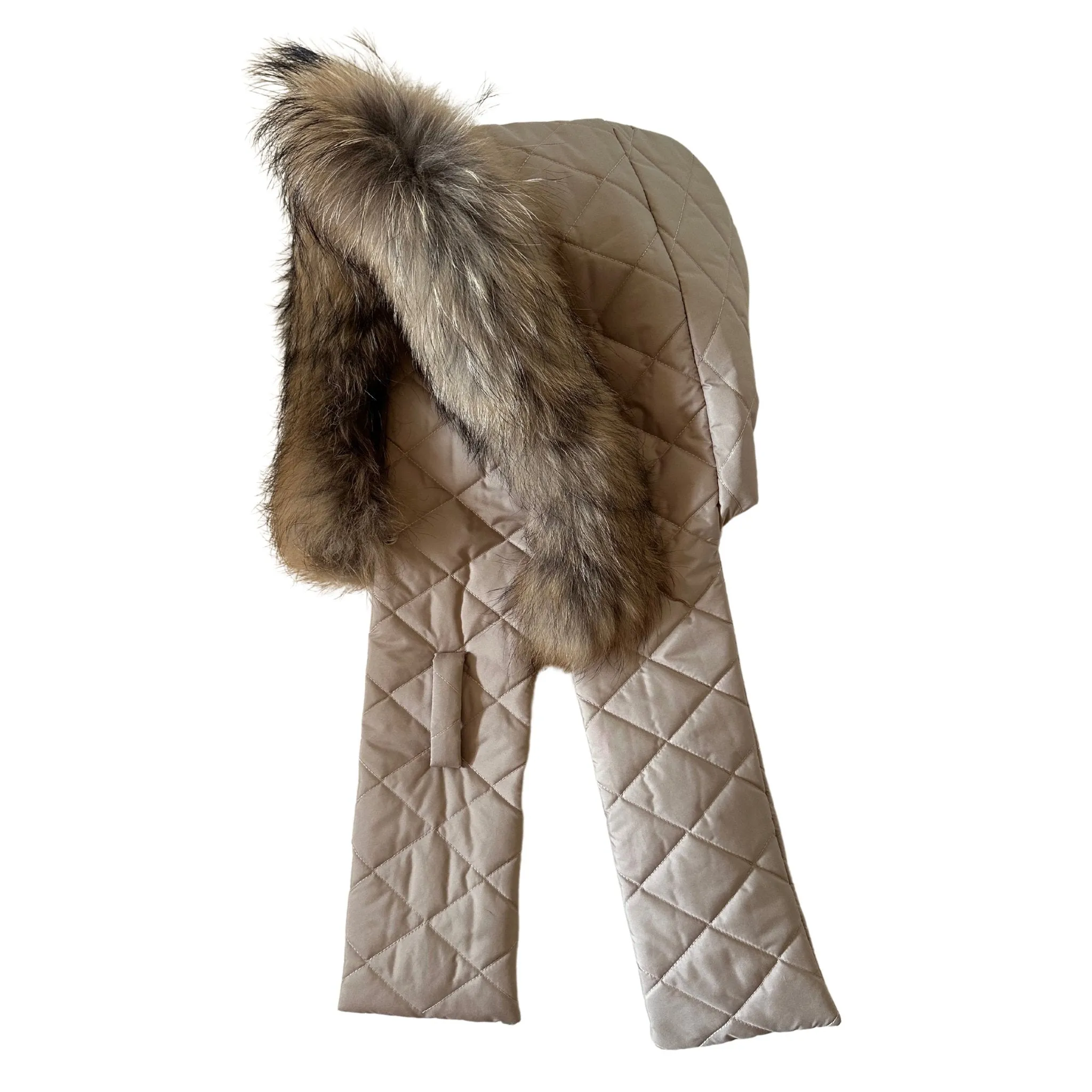 Beige Hood Scarf Puffer Warm Quilted Downy Waterproof Padded Insulated Headdress With Natural Fur TrimBeige