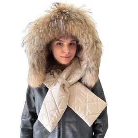 Beige Hood Scarf Puffer Warm Quilted Downy Waterproof Padded Insulated Headdress With Natural Fur TrimBeige
