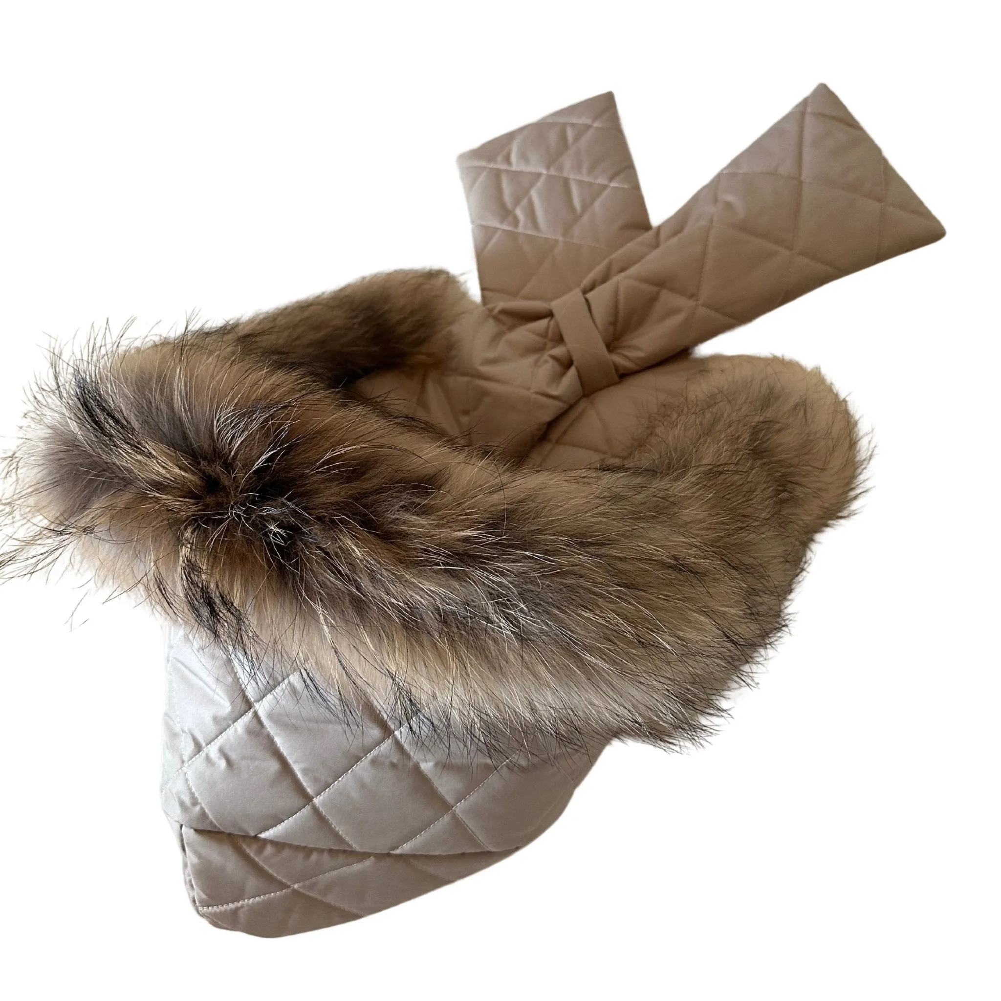 Beige Hood Scarf Puffer Warm Quilted Downy Waterproof Padded Insulated Headdress With Natural Fur TrimBeige
