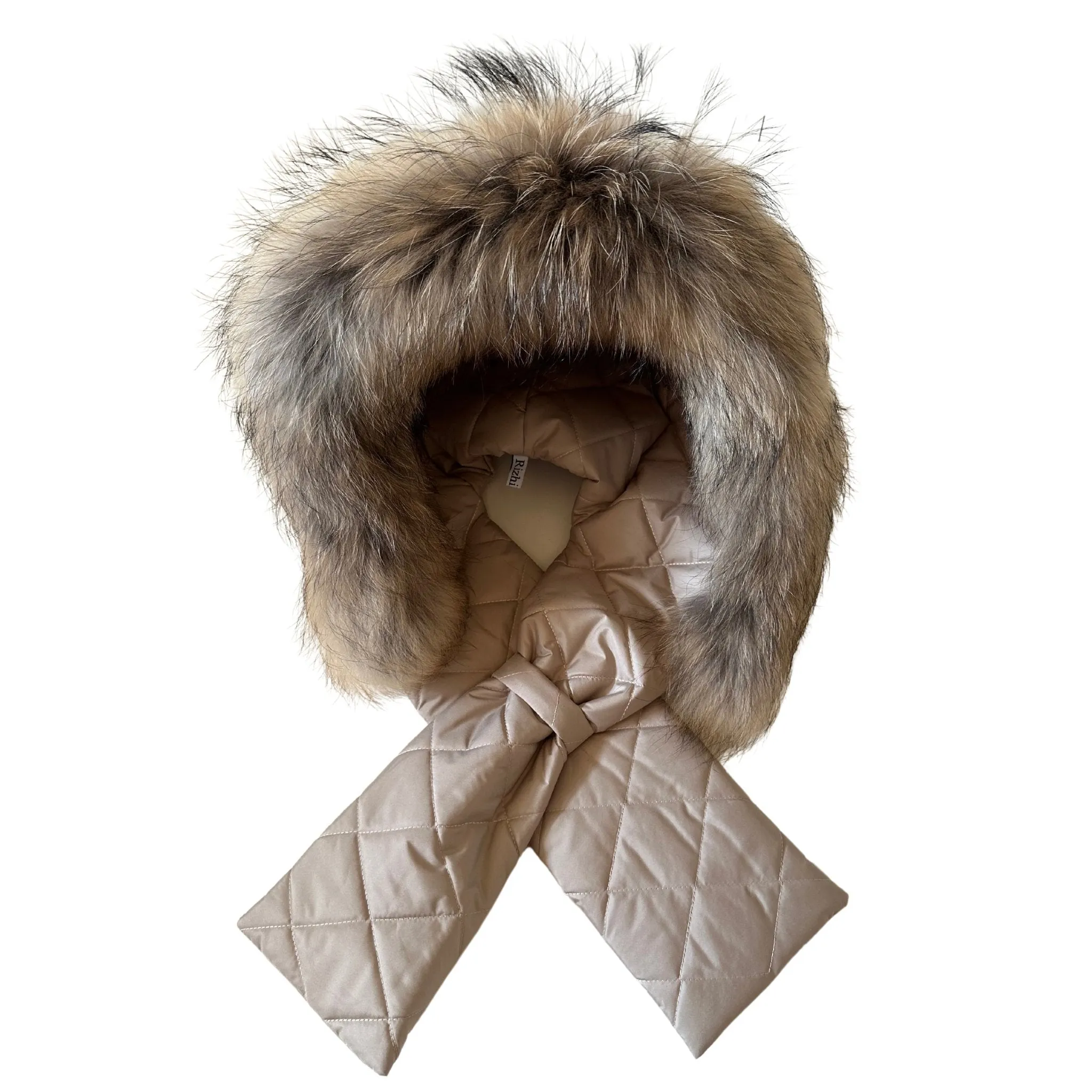 Beige Hood Scarf Puffer Warm Quilted Downy Waterproof Padded Insulated Headdress With Natural Fur TrimBeige