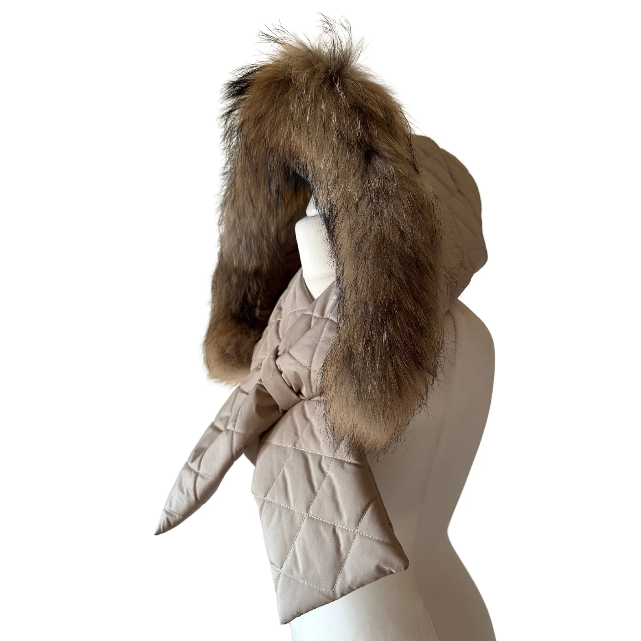 Beige Hood Scarf Puffer Warm Quilted Downy Waterproof Padded Insulated Headdress With Natural Fur TrimBeige