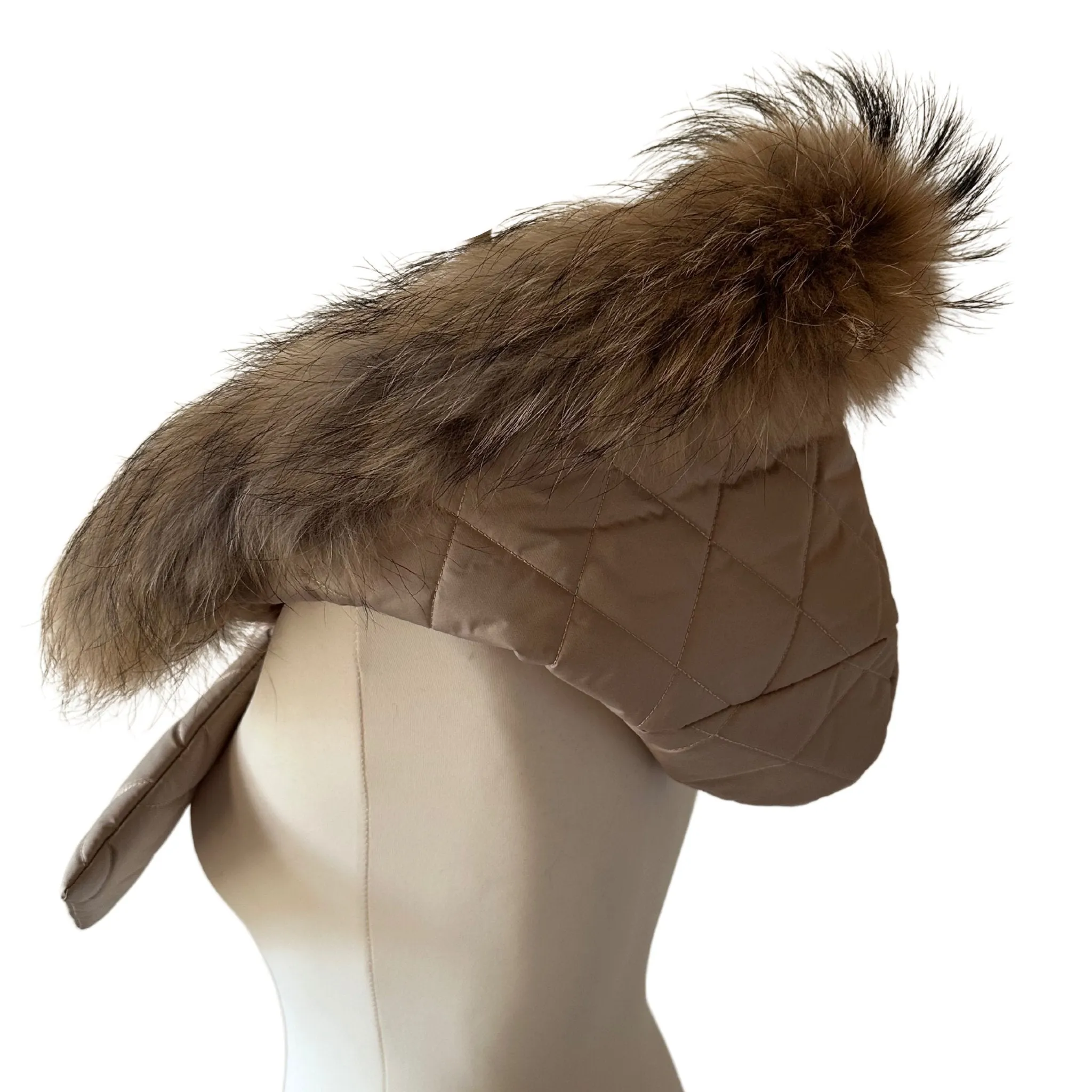 Beige Hood Scarf Puffer Warm Quilted Downy Waterproof Padded Insulated Headdress With Natural Fur TrimBeige