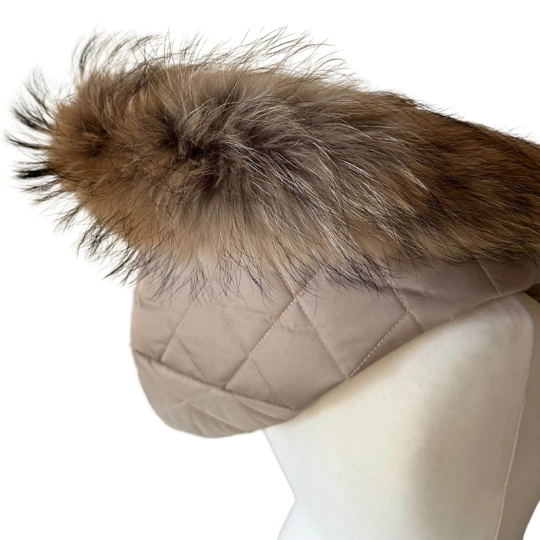 Beige Hood Scarf Puffer Warm Quilted Downy Waterproof Padded Insulated Headdress With Natural Fur TrimBeige