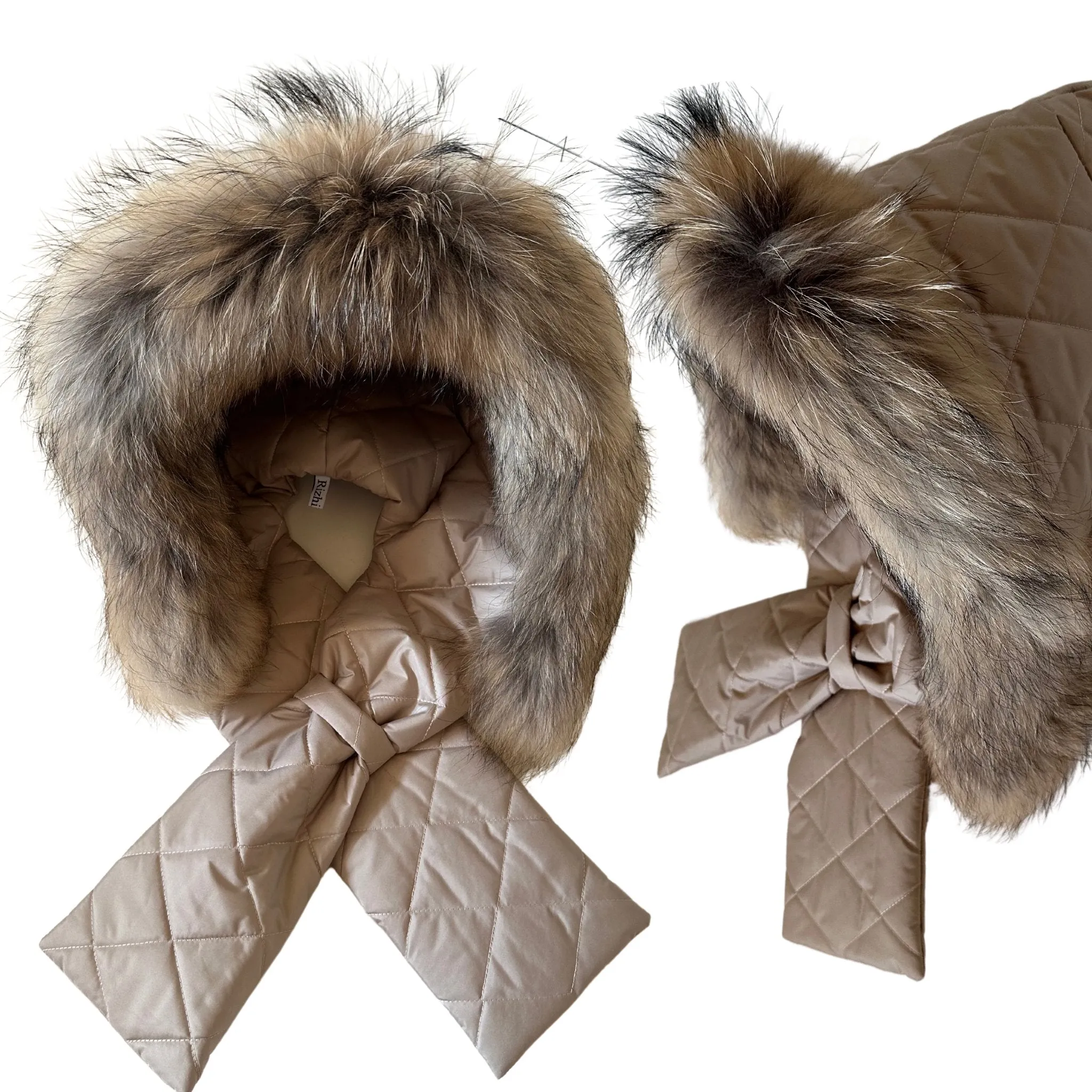 Beige Hood Scarf Puffer Warm Quilted Downy Waterproof Padded Insulated Headdress With Natural Fur TrimBeige