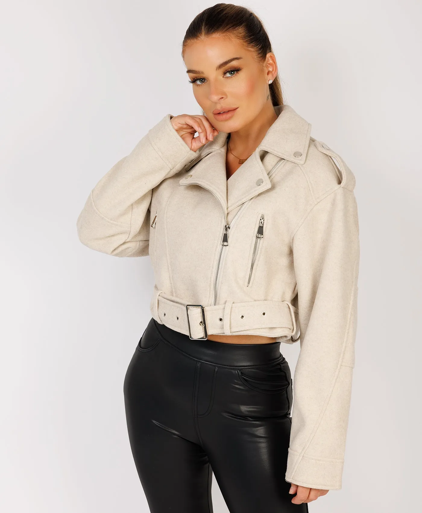 Beige Vegan Faux Wool Brushed Biker Jacket
