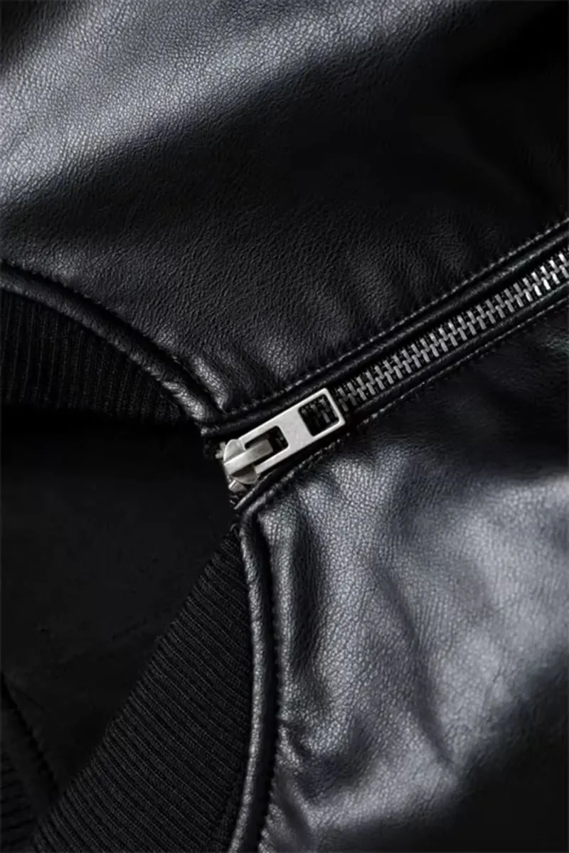Black Cropped Leather Bomber Jacket