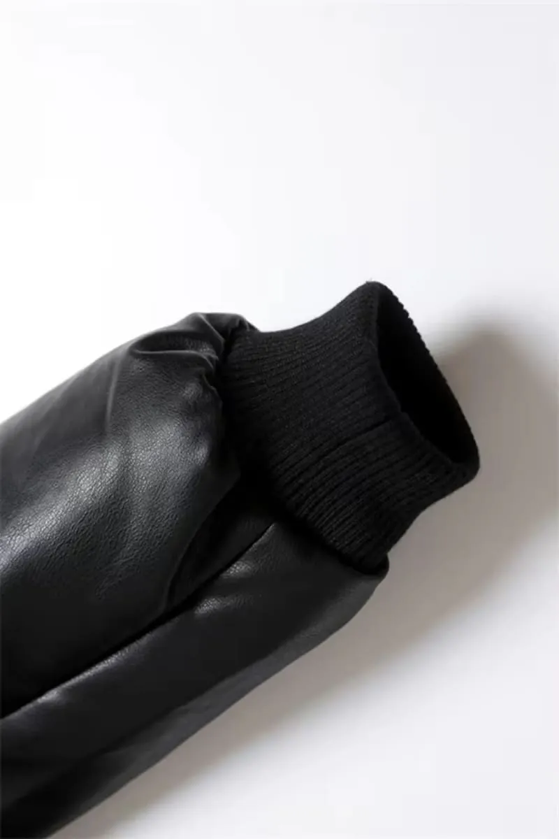 Black Cropped Leather Bomber Jacket